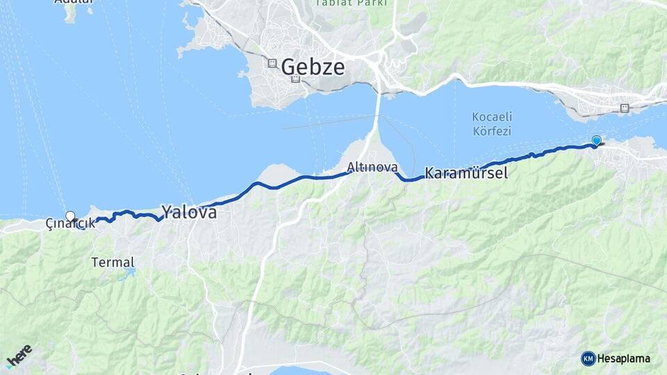 Kocaeli Gölcük Topçular Çınarcık Yalova Arası Kaç Km - Yol Haritası