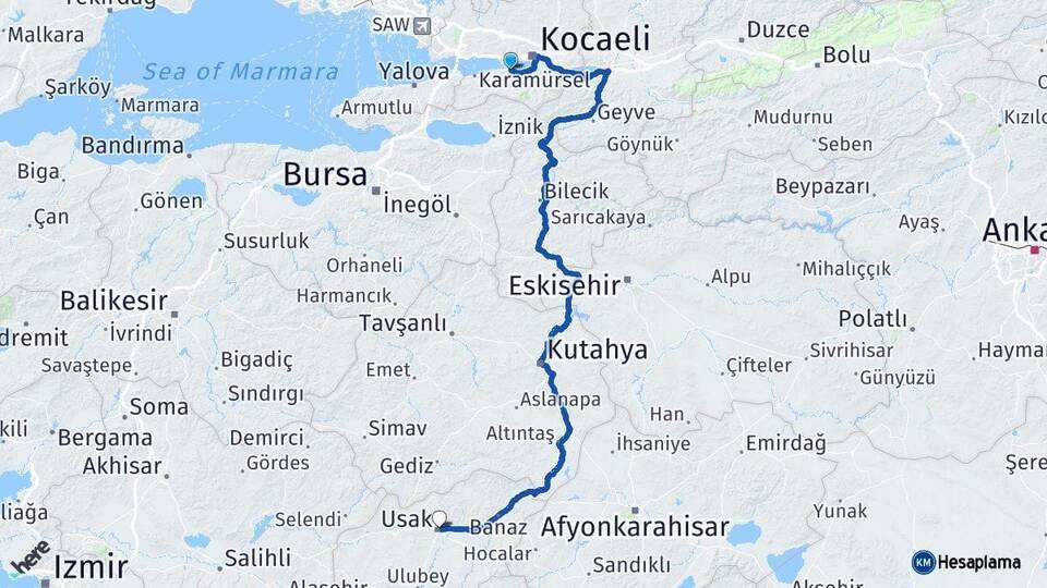 Kocaeli Gölcük Uşak Arası Kaç Km - Yol Haritası