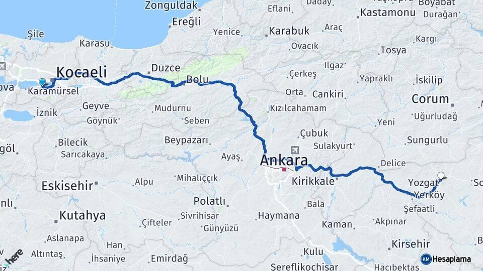 Kocaeli Gölcük Yozgat Arası Kaç Km - Yol Haritası