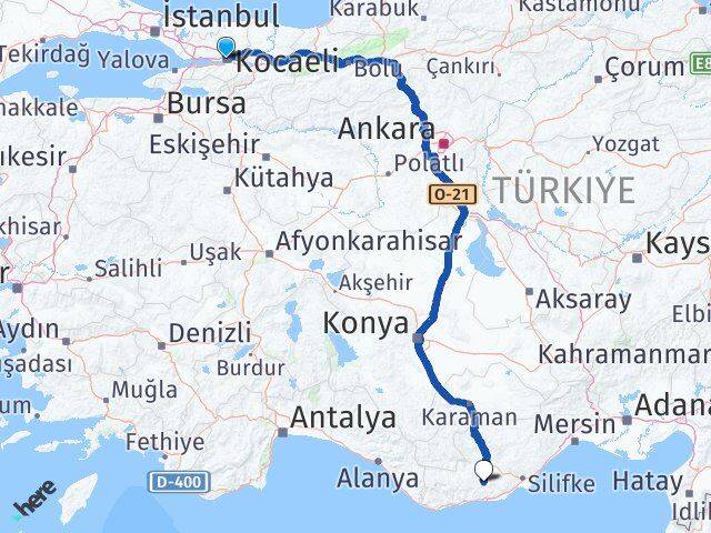 Kocaeli Gülnar Mersin Arası Kaç Km - Yol Haritası