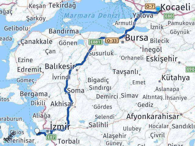 Kocaeli Güzelbahçe İzmir Arası Kaç Km - Yol Haritası