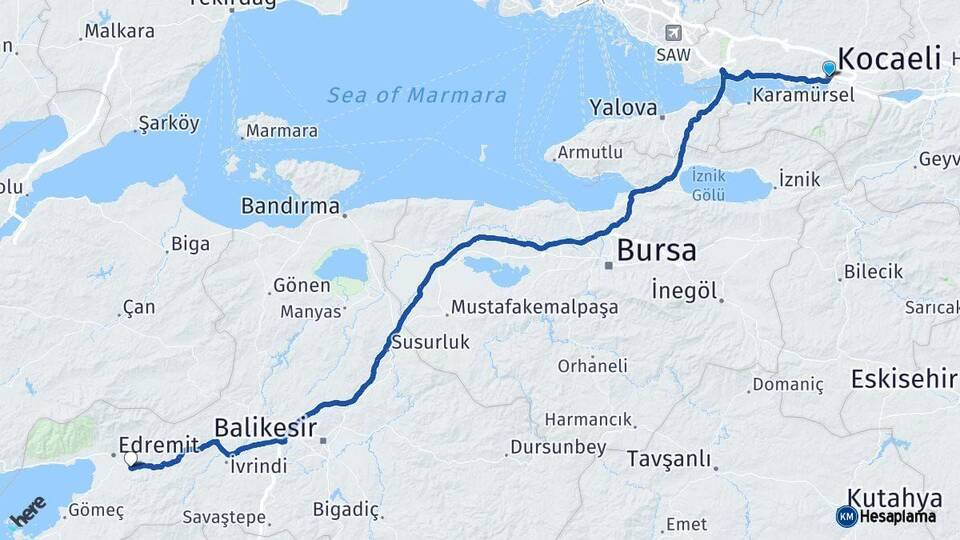 Kocaeli Havran Balıkesir Arası Kaç Km - Yol Haritası
