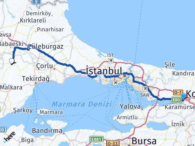 Kocaeli Hayrabolu Tekirdağ Arası Kaç Km - Yol Haritası