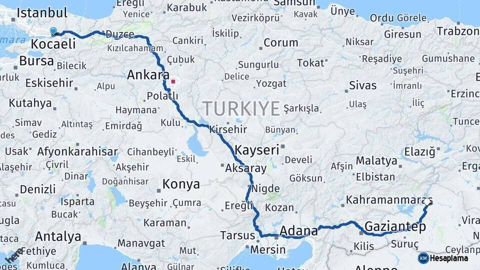 Kocaeli Hilvan Şanlıurfa Arası Kaç Km - Yol Haritası