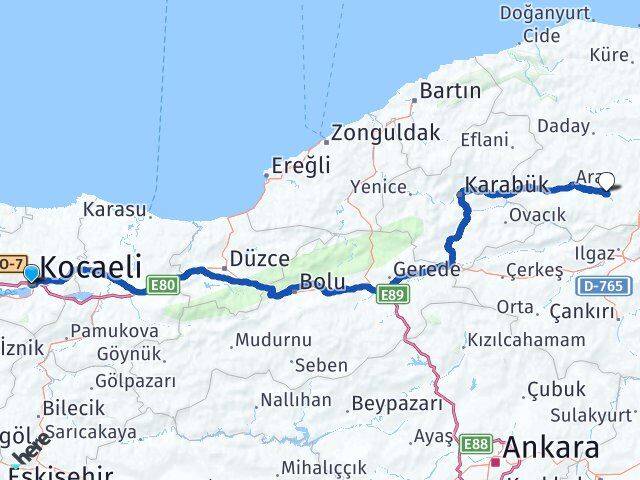 Kocaeli İhsangazi Kastamonu Arası Kaç Km - Yol Haritası
