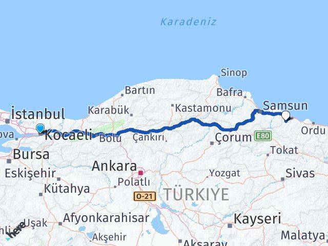 Kocaeli İkizce Ordu Arası Kaç Km - Yol Haritası