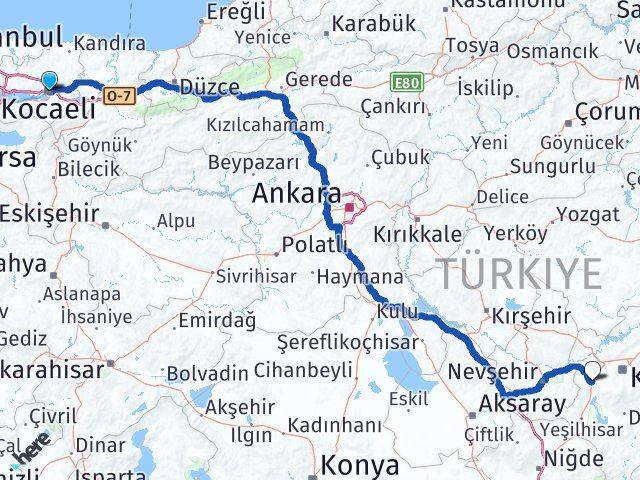 Kocaeli İncesu Kayseri Arası Kaç Km - Yol Haritası
