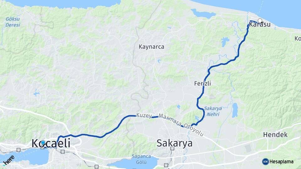 Kocaeli İzmit Akçakoca Karasu Sakarya Arası Kaç Km - Yol Haritası