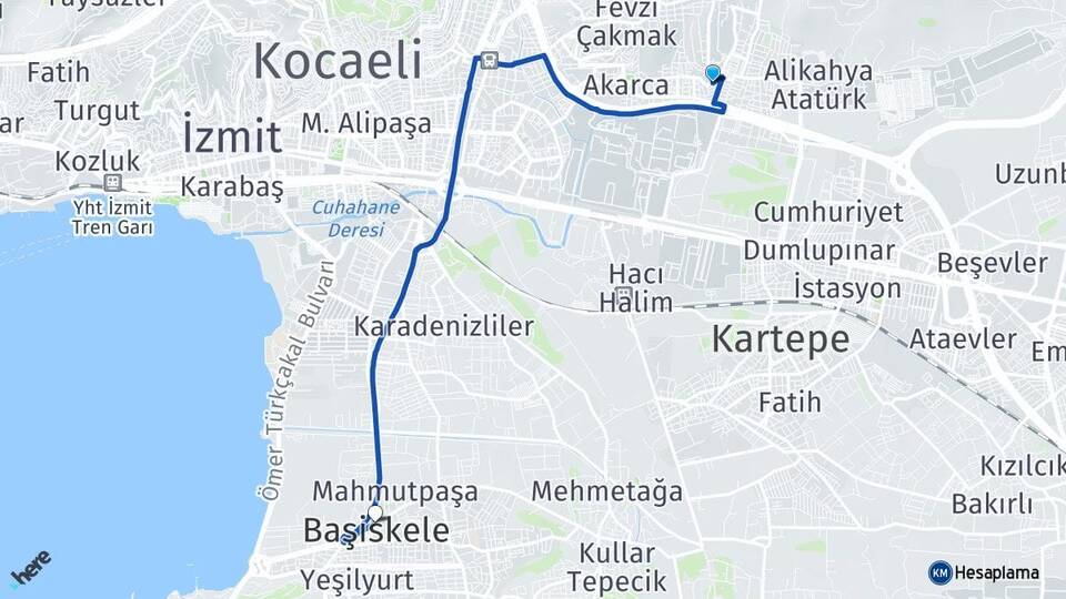 Kocaeli İzmit Alikahya Başiskele Arası Kaç Km - Yol Haritası