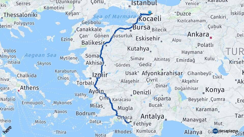 Kocaeli İzmit Göcek Fethiye Muğla Arası Kaç Km - Yol Haritası
