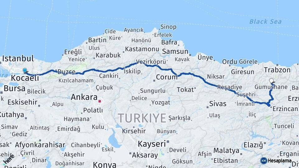 Kocaeli İzmit Gümüşhane Arası Kaç Km - Yol Haritası