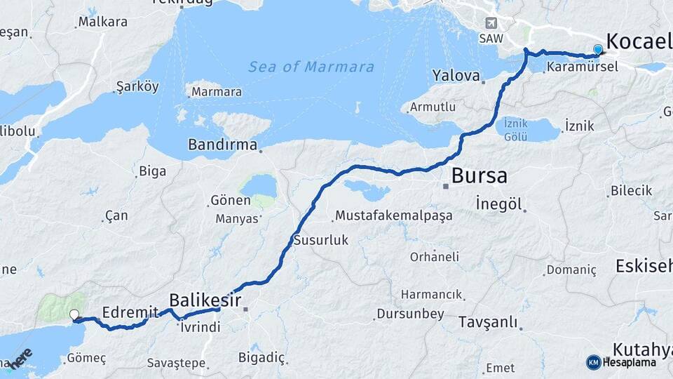 Kocaeli İzmit Güre Edremit Balıkesir Arası Kaç Km - Yol Haritası