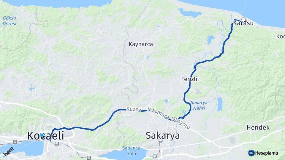 Kocaeli İzmit Karasu Sakarya Arası Kaç Km - Yol Haritası