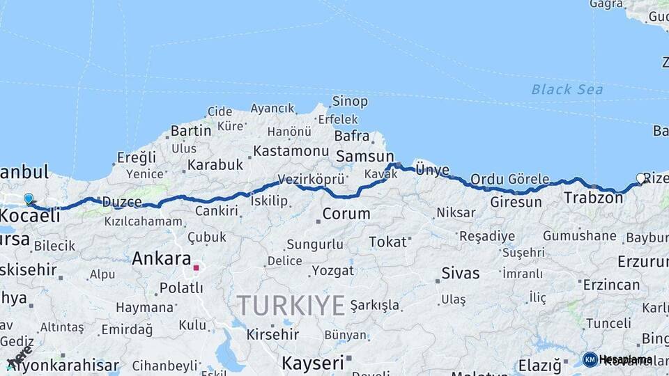 Kocaeli İzmit Rize Arası Kaç Km - Yol Haritası