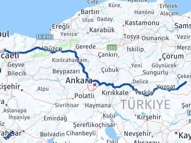 Kocaeli Kadışehri Yozgat Arası Kaç Km - Yol Haritası