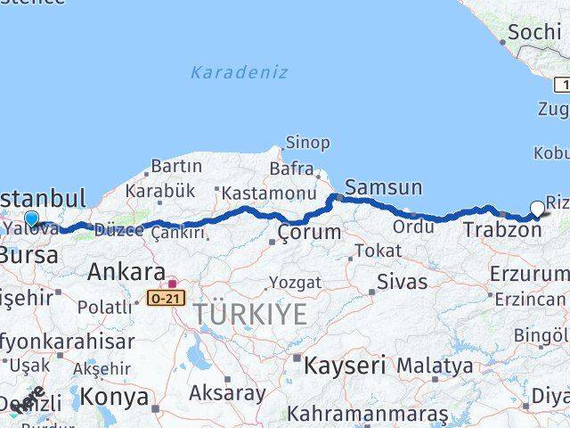 Kocaeli Kalkandere Rize Arası Kaç Km - Yol Haritası