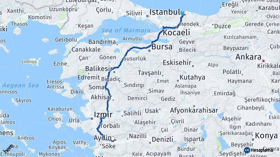 Kocaeli Kandıra Aydın Arası Kaç Km - Yol Haritası