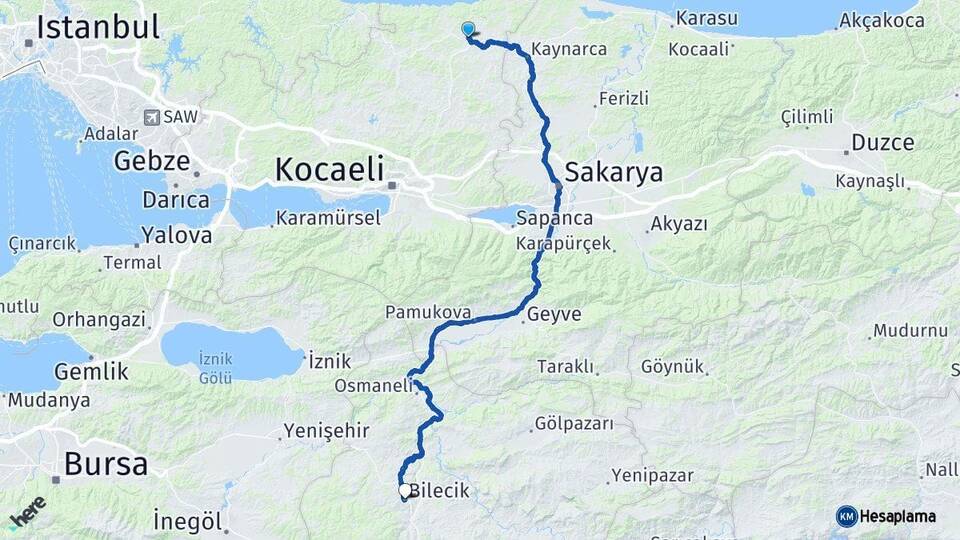 Kocaeli Kandıra Bilecik Arası Kaç Km - Yol Haritası