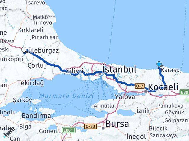 Kocaeli Kandıra Kefken Lüleburgaz Kırklareli Arası Kaç Km - Yol Haritası
