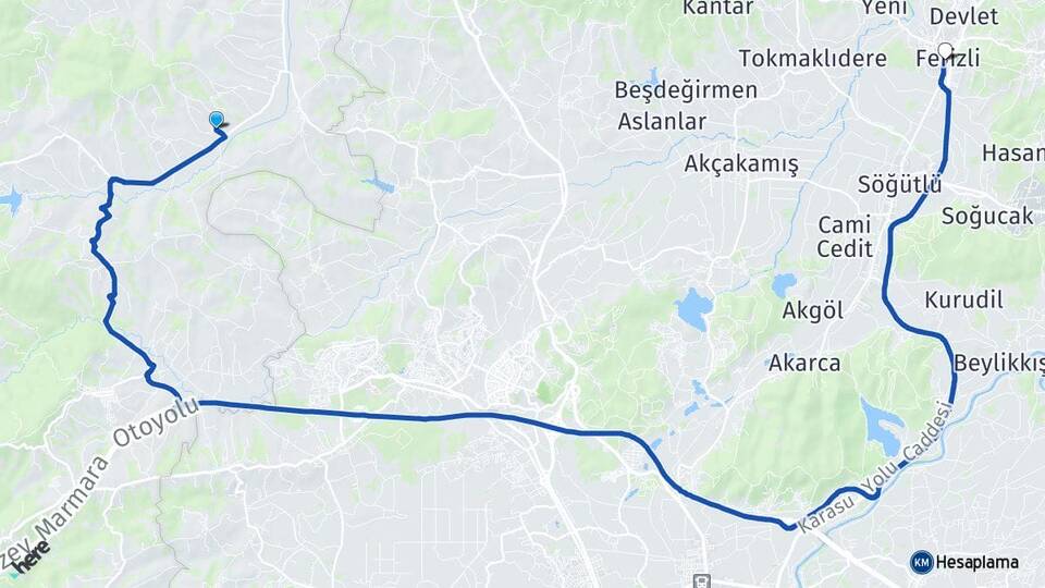 Kocaeli Kandıra Ömerli Ferizli Sakarya Arası Kaç Km - Yol Haritası