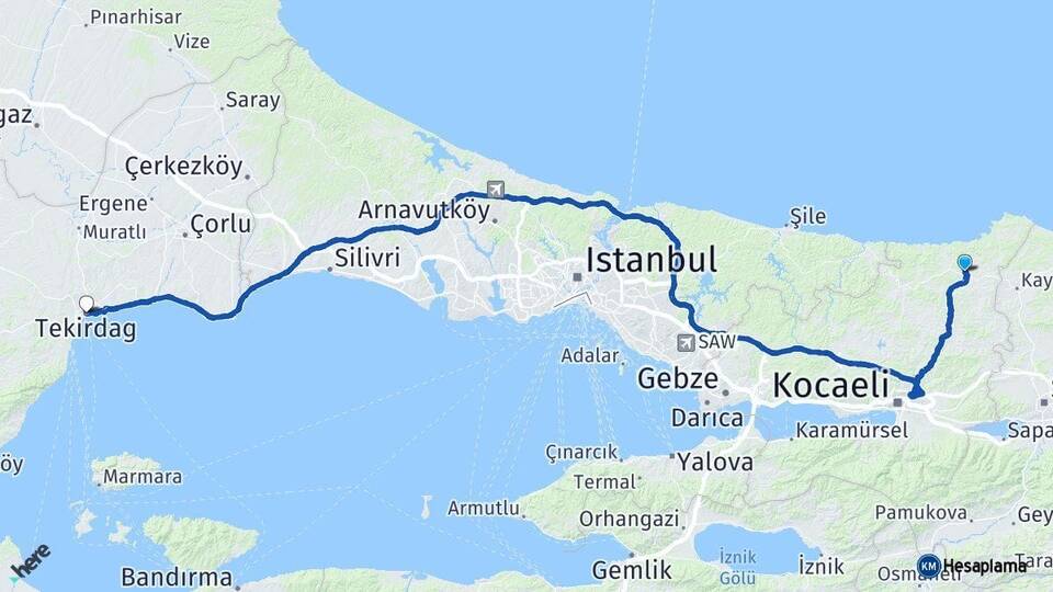 Kocaeli Kandıra Tekirdağ Arası Kaç Km - Yol Haritası