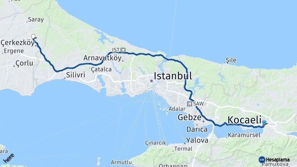 Kocaeli Kapaklı Tekirdağ Arası Kaç Km - Yol Haritası