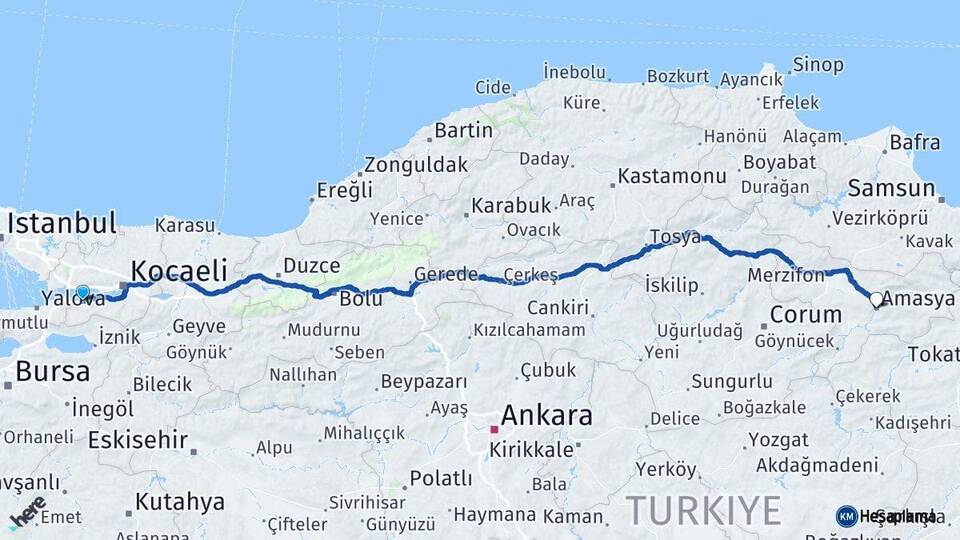 Kocaeli Karamürsel Amasya Arası Kaç Km - Yol Haritası