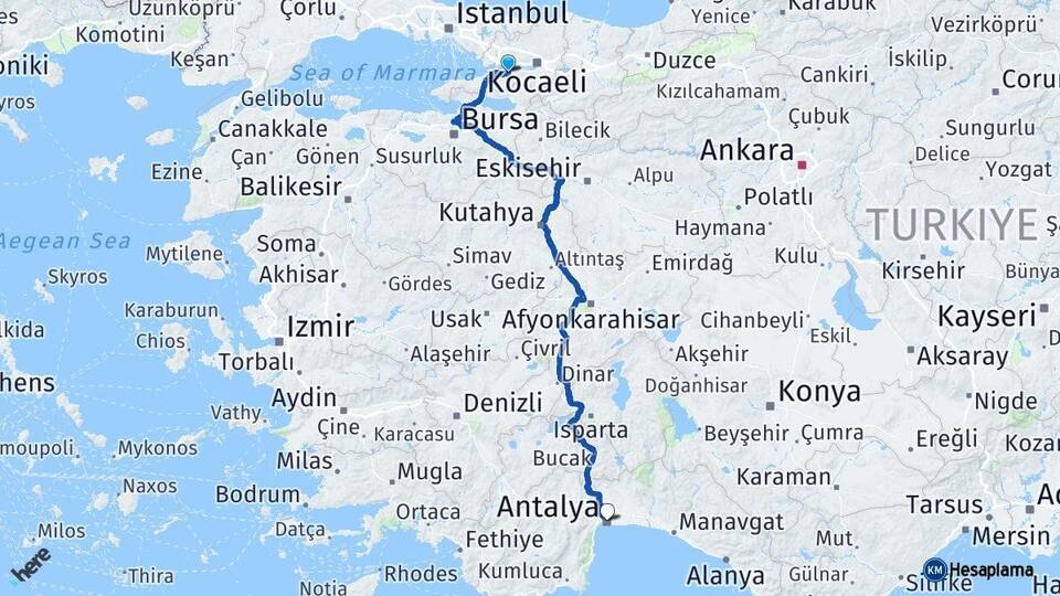 Kocaeli Karamürsel Antalya Arası Kaç Km - Yol Haritası