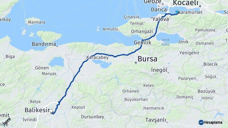 Kocaeli Karamürsel Balıkesir Arası Kaç Km - Yol Haritası