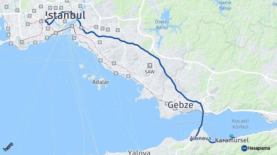 Kocaeli Karamürsel Bayrampaşa İstanbul Arası Kaç Km - Yol Haritası