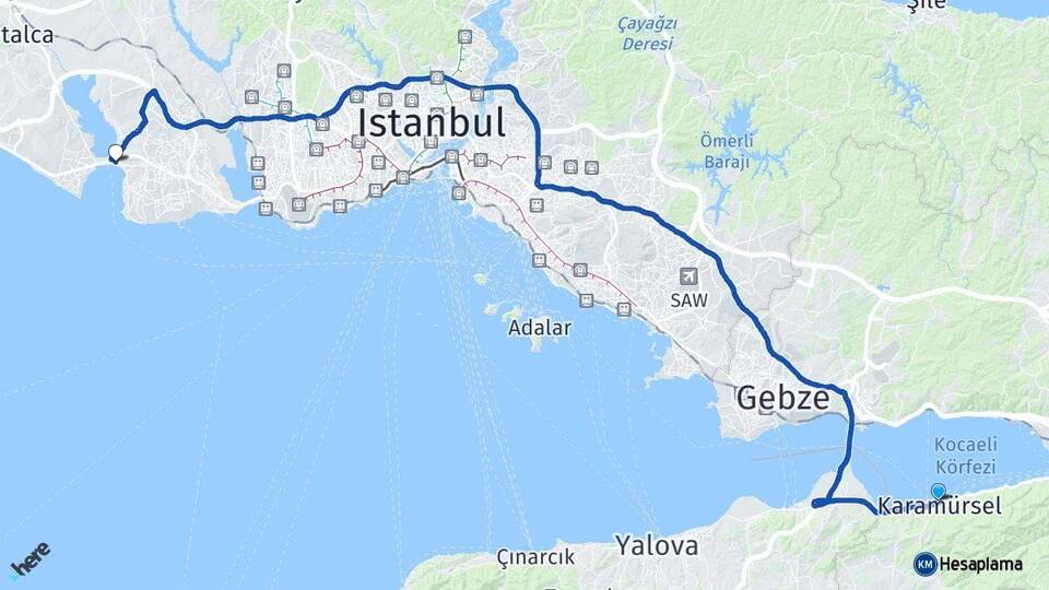 Kocaeli Karamürsel Büyükçekmece İstanbul Arası Kaç Km - Yol Haritası