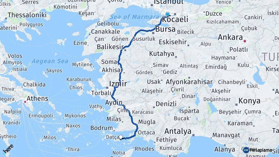 Kocaeli Karamürsel Datça Muğla Arası Kaç Km - Yol Haritası
