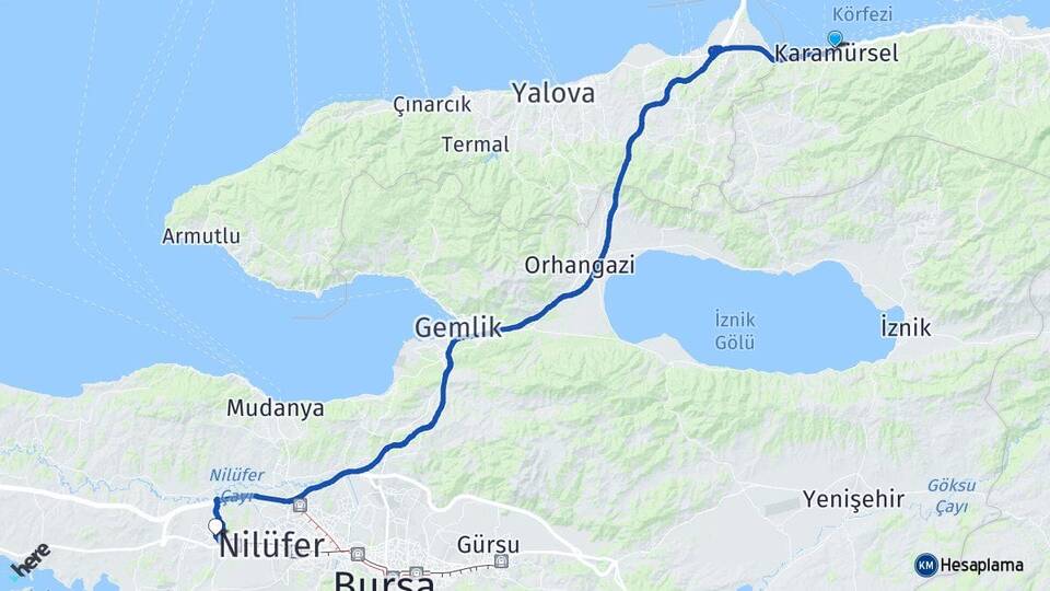 Kocaeli Karamürsel Görükle Nilüfer Bursa Arası Kaç Km - Yol Haritası
