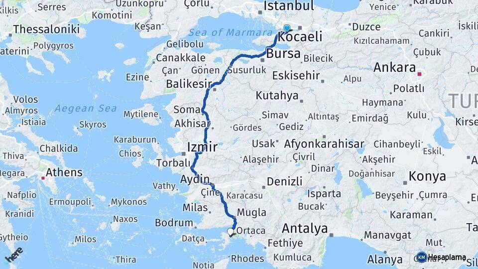 Kocaeli Karamürsel Marmaris Muğla Arası Kaç Km - Yol Haritası