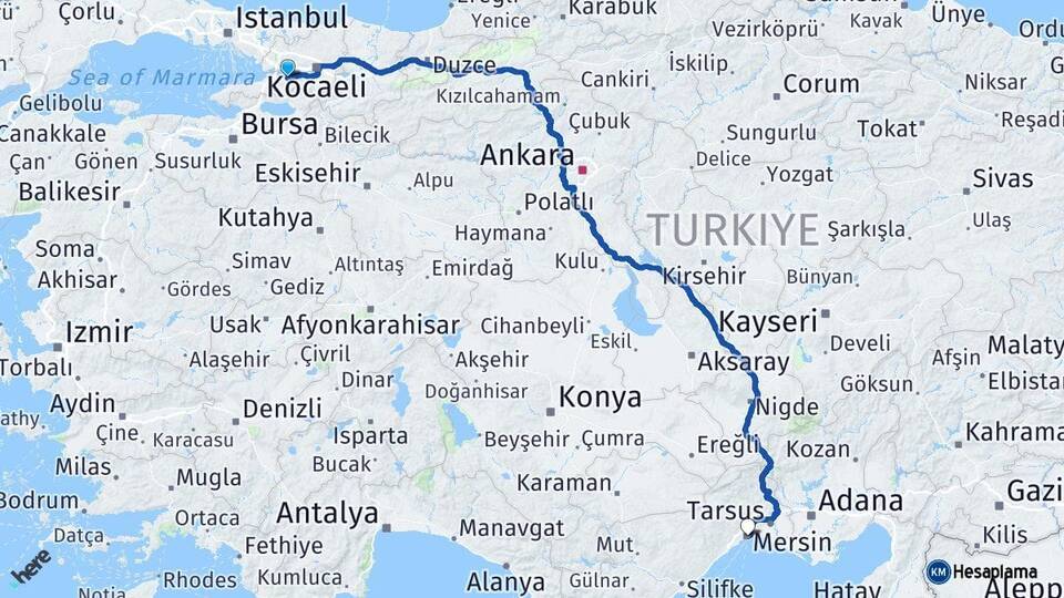 Kocaeli Karamürsel Mersin Arası Kaç Km - Yol Haritası