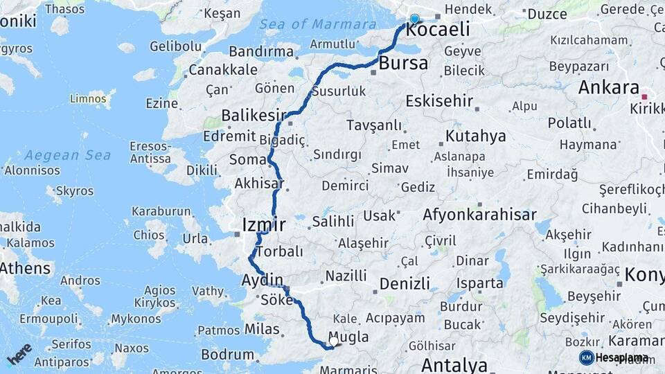 Kocaeli Karamürsel Muğla Arası Kaç Km - Yol Haritası