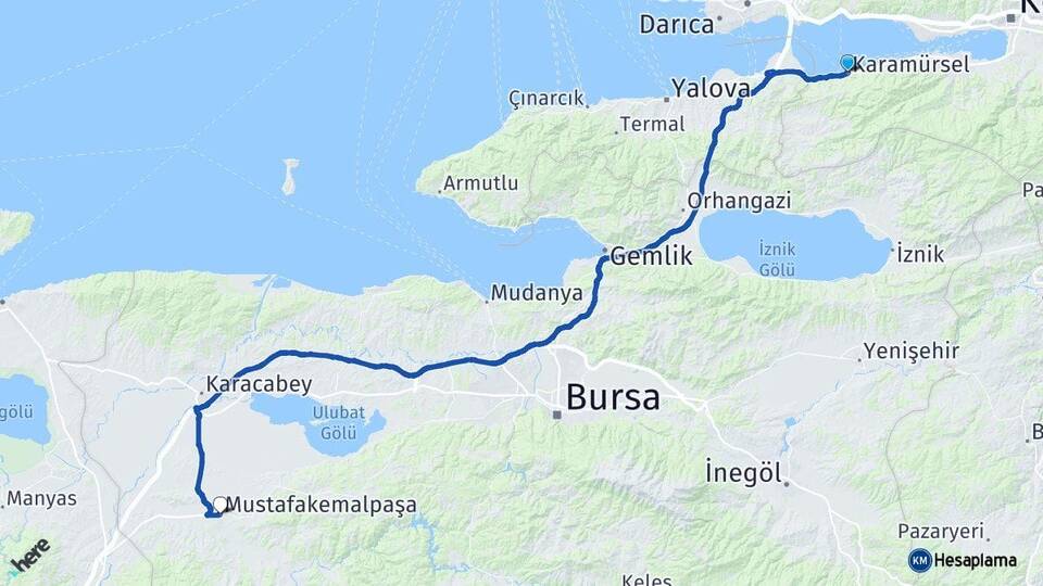 Kocaeli Karamürsel Mustafakemalpaşa Bursa Arası Kaç Km - Yol Haritası