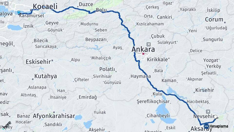 Kocaeli Karamürsel Nevşehir Arası Kaç Km - Yol Haritası
