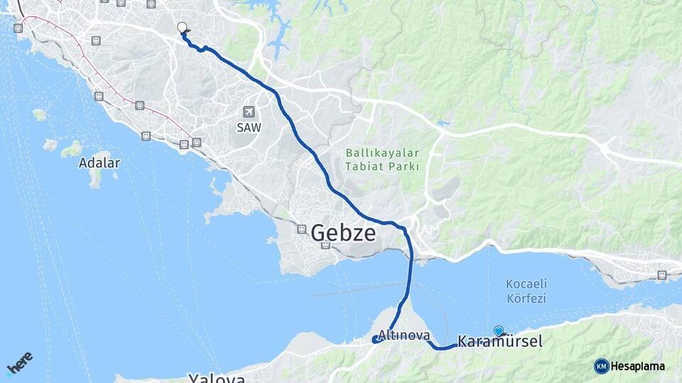 Kocaeli Karamürsel Sancaktepe İstanbul Arası Kaç Km - Yol Haritası