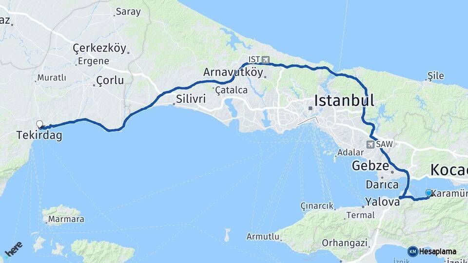 Kocaeli Karamürsel Tekirdağ Arası Kaç Km - Yol Haritası