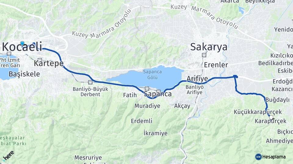 Kocaeli Karapürçek Sakarya Arası Kaç Km - Yol Haritası