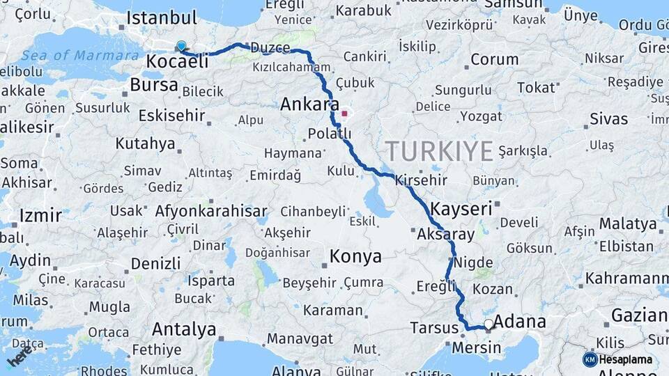 Kocaeli Kartepe Adana Arası Kaç Km - Yol Haritası
