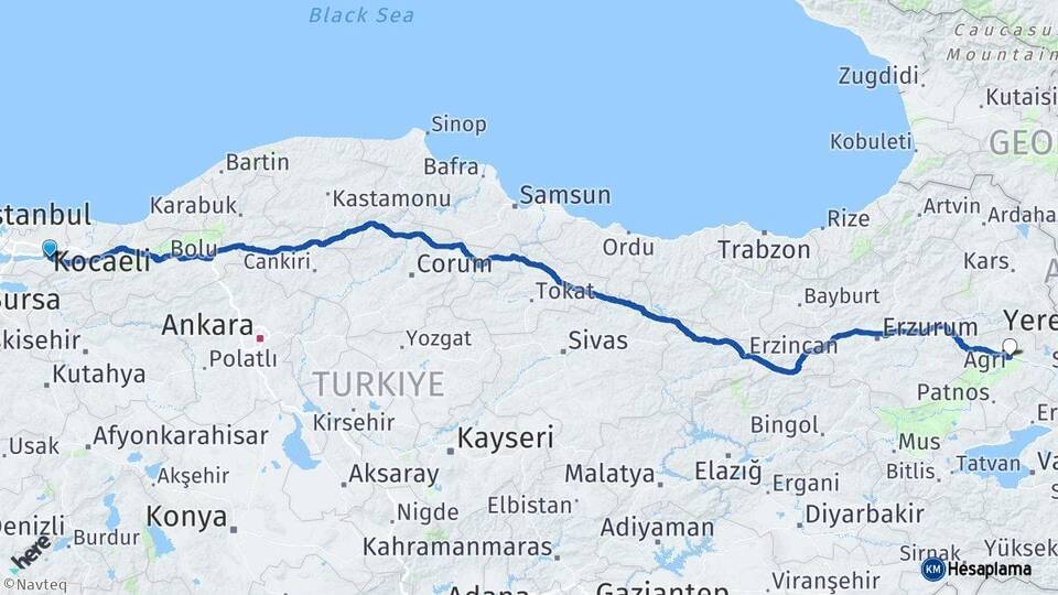 Kocaeli Kartepe Ağrı Arası Kaç Km - Yol Haritası