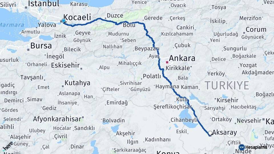Kocaeli Kartepe Aksaray Arası Kaç Km - Yol Haritası