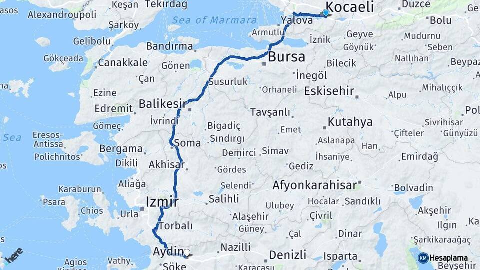Kocaeli Kartepe Aydın Arası Kaç Km - Yol Haritası
