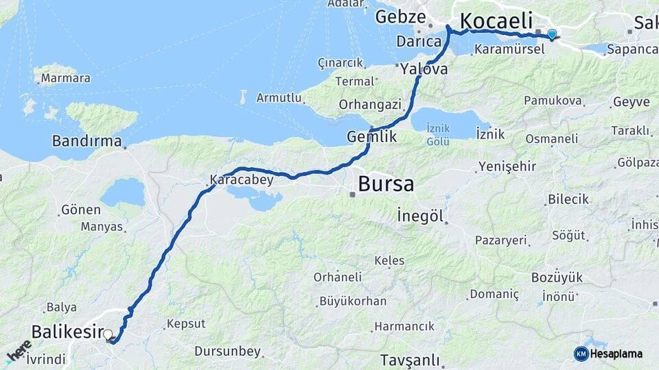 Kocaeli Kartepe Balıkesir Arası Kaç Km - Yol Haritası