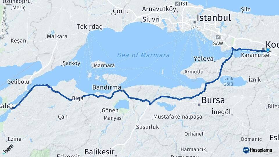 Kocaeli Kartepe Çanakkale Arası Kaç Km - Yol Haritası