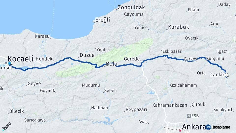 Kocaeli Kartepe Çankırı Arası Kaç Km - Yol Haritası