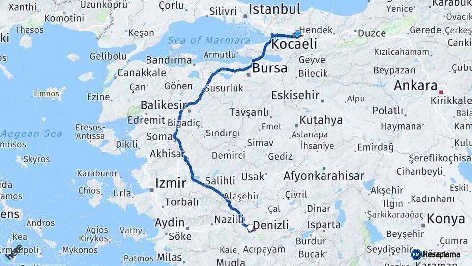 Kocaeli Kartepe Denizli Arası Kaç Km - Yol Haritası