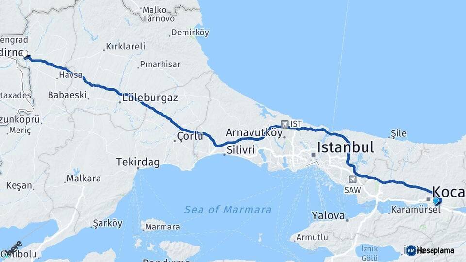 Kocaeli Kartepe Edirne Arası Kaç Km - Yol Haritası